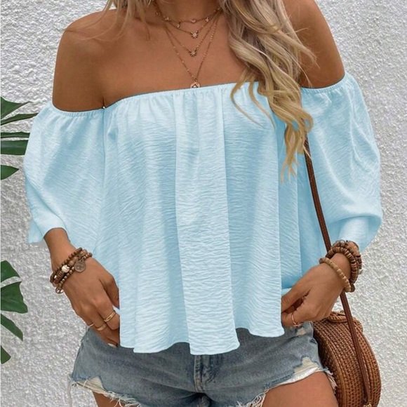 Women's Off-Shoulder Light Blue Top - Picture 7 of 7